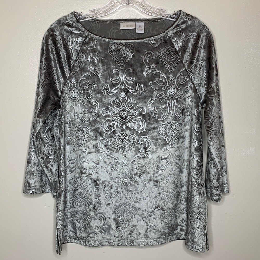 CHICO’S Tunic Top Green Velour Stretchy Embossed Fabric Raglan 3/4 Sleeves 4